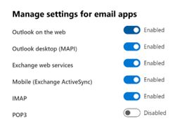 Office 365 email apps settings